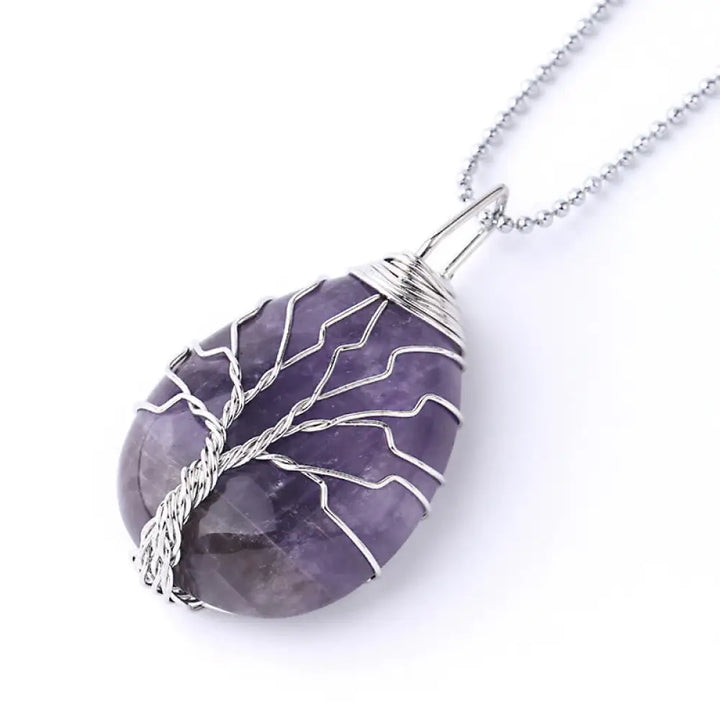 BWOOOH Natural Quartz Crystal Tree of Life Healing Energy Necklace Pendant featuring Amethyst, Green Aventurine, Pink Crystal, and other genuine gemstones, symbolizing unity and spiritual growth on a durable chain. - View 38