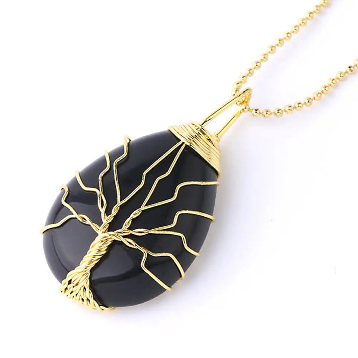 BWOOOH Natural Quartz Crystal Tree of Life Healing Energy Necklace Pendant featuring Amethyst, Green Aventurine, Pink Crystal, and other genuine gemstones, symbolizing unity and spiritual growth on a durable chain. - View 35