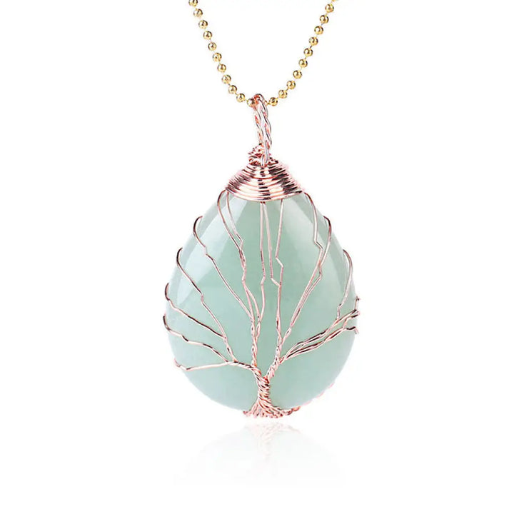 BWOOOH Natural Quartz Crystal Tree of Life Healing Energy Necklace Pendant featuring Amethyst, Green Aventurine, Pink Crystal, and other genuine gemstones, symbolizing unity and spiritual growth on a durable chain. - View 7
