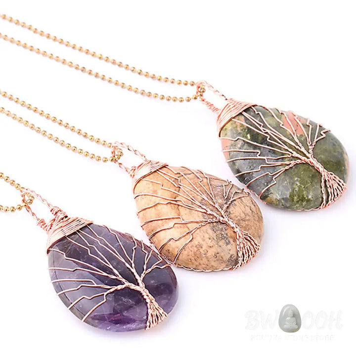 BWOOOH Natural Quartz Crystal Tree of Life Healing Energy Necklace Pendant featuring Amethyst, Green Aventurine, Pink Crystal, and other genuine gemstones, symbolizing unity and spiritual growth on a durable chain. - View 26