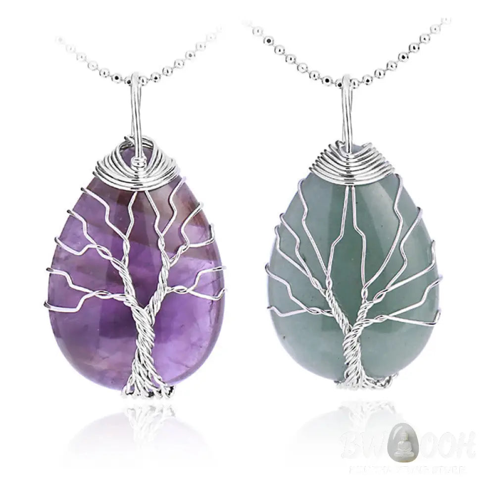 BWOOOH Natural Quartz Crystal Tree of Life Healing Energy Necklace Pendant featuring Amethyst, Green Aventurine, Pink Crystal, and other genuine gemstones, symbolizing unity and spiritual growth on a durable chain. - View 29