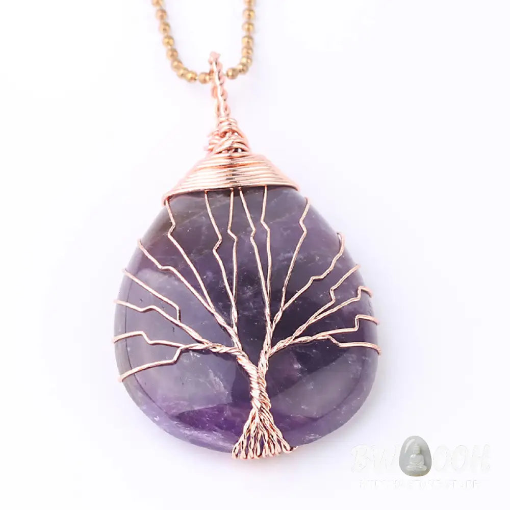BWOOOH Natural Quartz Crystal Tree of Life Healing Energy Necklace Pendant featuring Amethyst, Green Aventurine, Pink Crystal, and other genuine gemstones, symbolizing unity and spiritual growth on a durable chain. - View 5