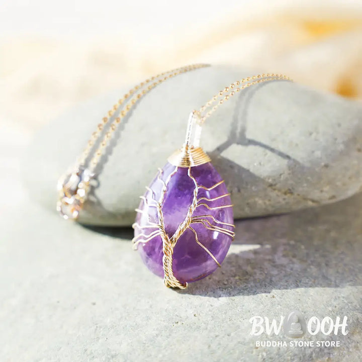 BWOOOH Natural Quartz Crystal Tree of Life Healing Energy Necklace Pendant featuring Amethyst, Green Aventurine, Pink Crystal, and other genuine gemstones, symbolizing unity and spiritual growth on a durable chain. - View 2