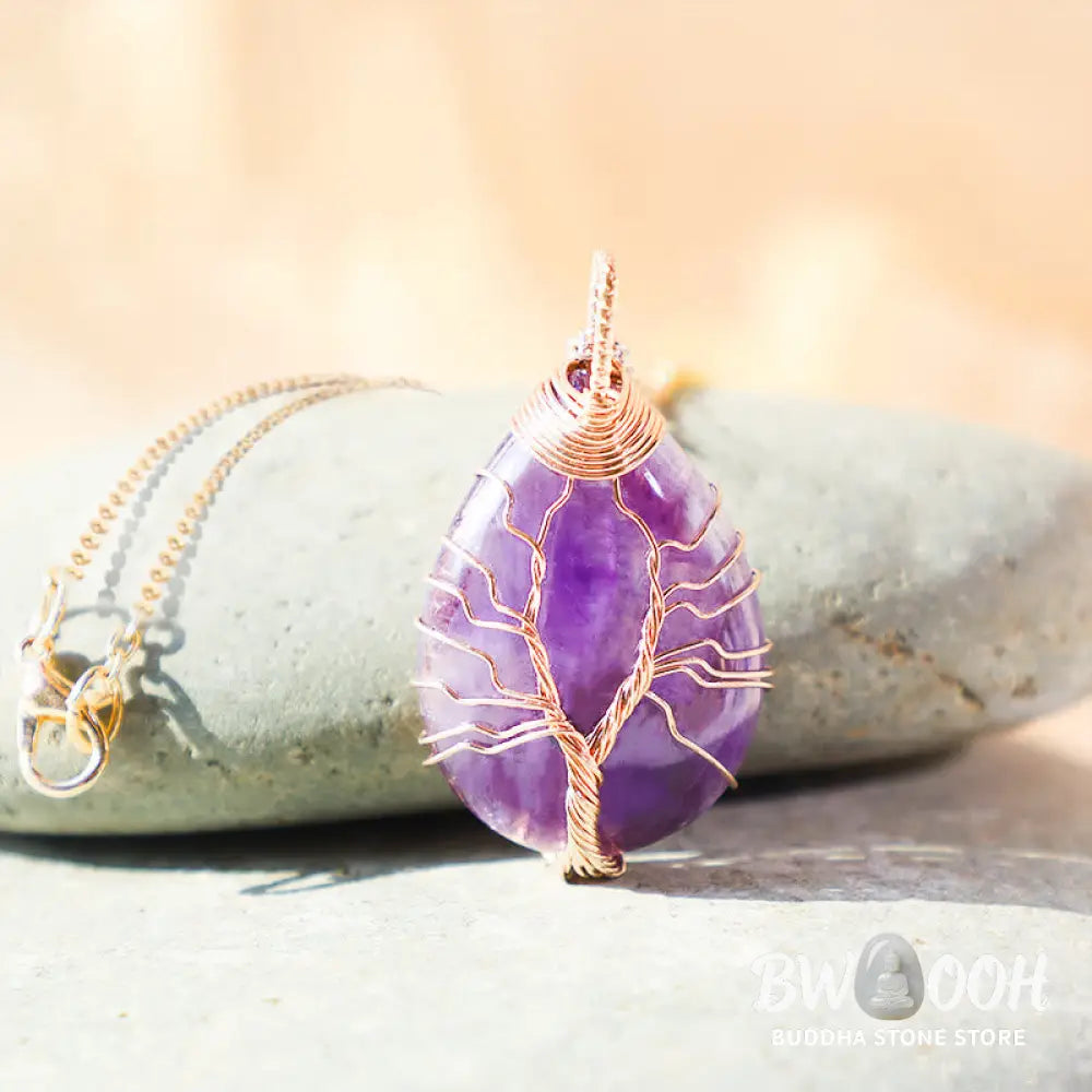 BWOOOH Natural Quartz Crystal Tree of Life Healing Energy Necklace Pendant featuring Amethyst, Green Aventurine, Pink Crystal, and other genuine gemstones, symbolizing unity and spiritual growth on a durable chain. - View 3