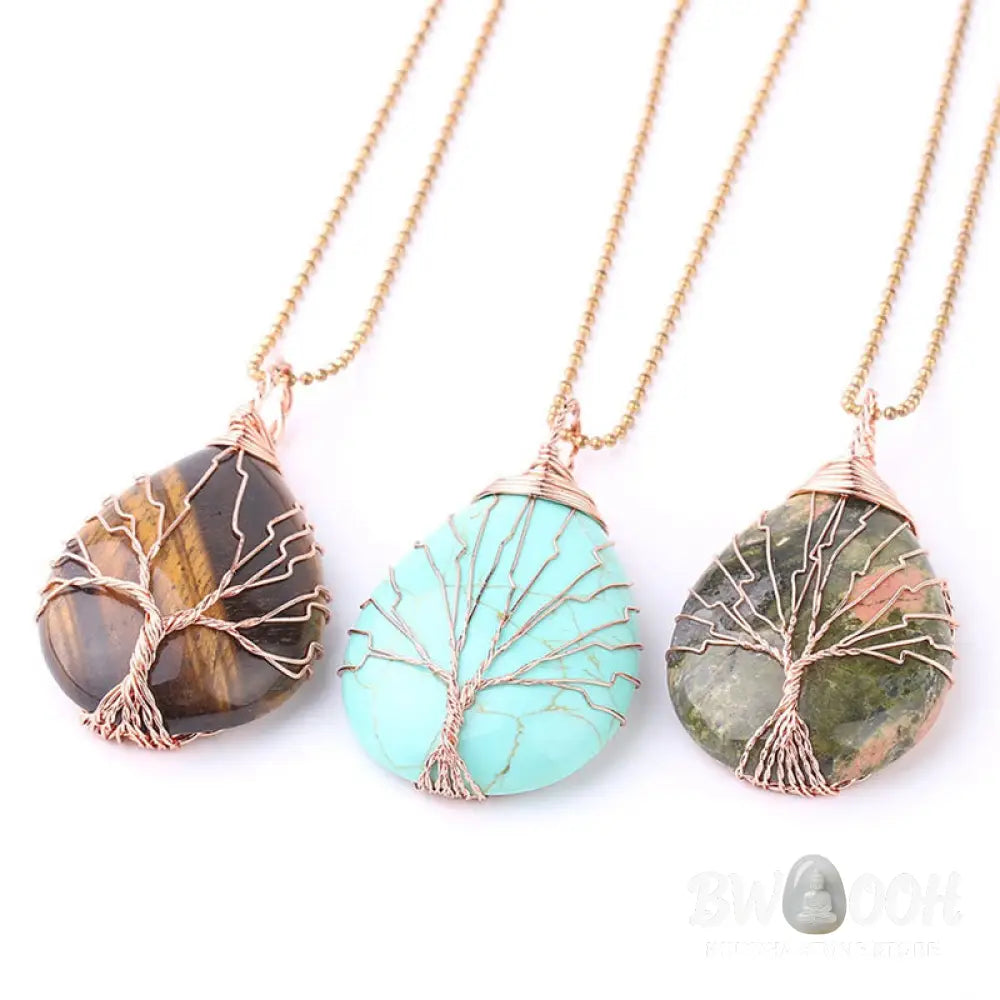 BWOOOH Natural Quartz Crystal Tree of Life Healing Energy Necklace Pendant featuring Amethyst, Green Aventurine, Pink Crystal, and other genuine gemstones, symbolizing unity and spiritual growth on a durable chain. - View 27