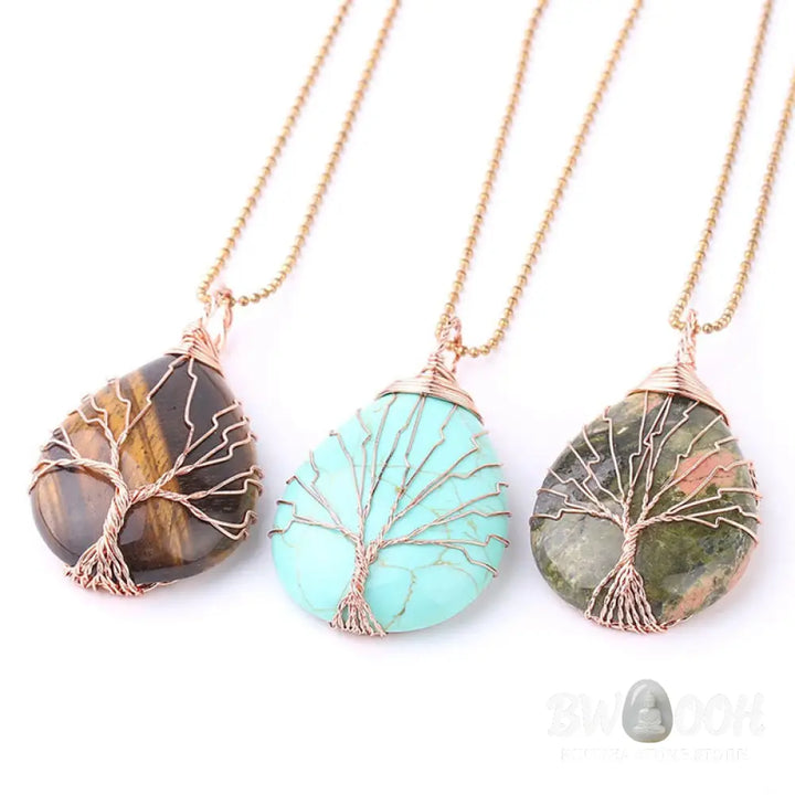 BWOOOH Natural Quartz Crystal Tree of Life Healing Energy Necklace Pendant featuring Amethyst, Green Aventurine, Pink Crystal, and other genuine gemstones, symbolizing unity and spiritual growth on a durable chain. - View 27