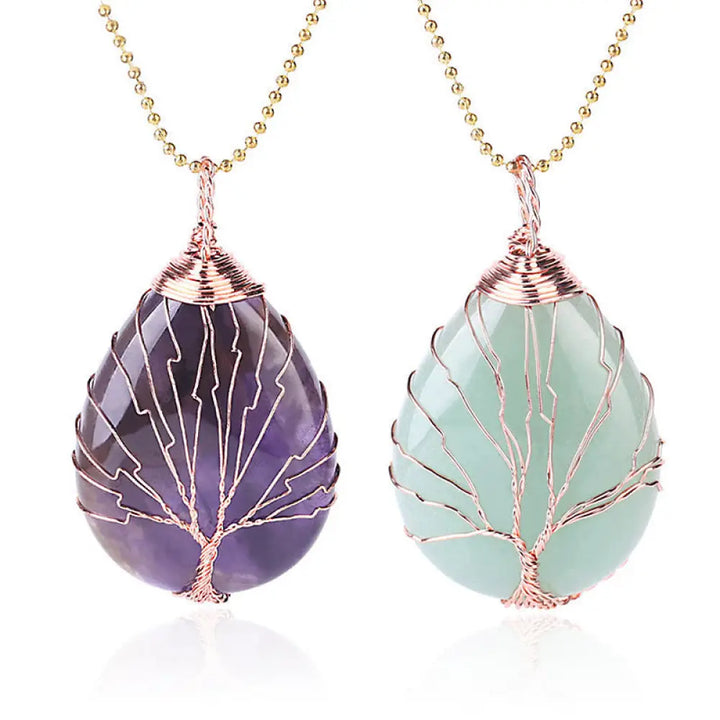 BWOOOH Natural Quartz Crystal Tree of Life Healing Energy Necklace Pendant featuring Amethyst, Green Aventurine, Pink Crystal, and other genuine gemstones, symbolizing unity and spiritual growth on a durable chain.