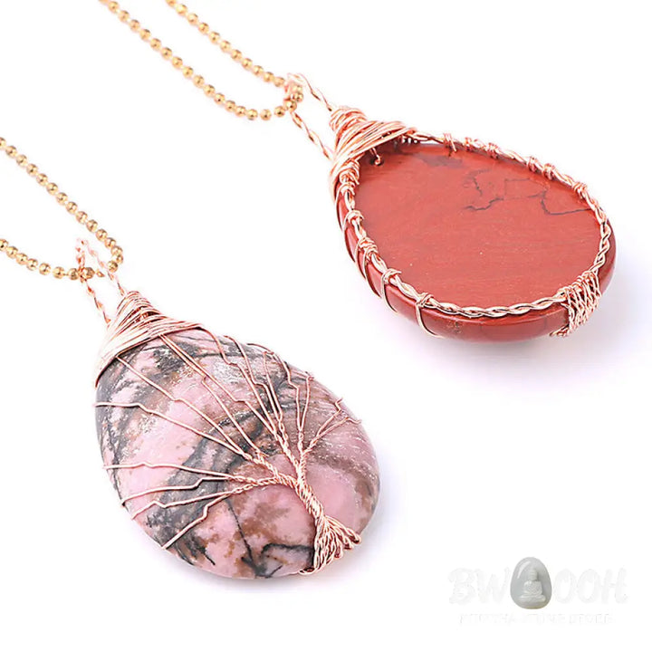 BWOOOH Natural Quartz Crystal Tree of Life Healing Energy Necklace Pendant featuring Amethyst, Green Aventurine, Pink Crystal, and other genuine gemstones, symbolizing unity and spiritual growth on a durable chain. - View 16