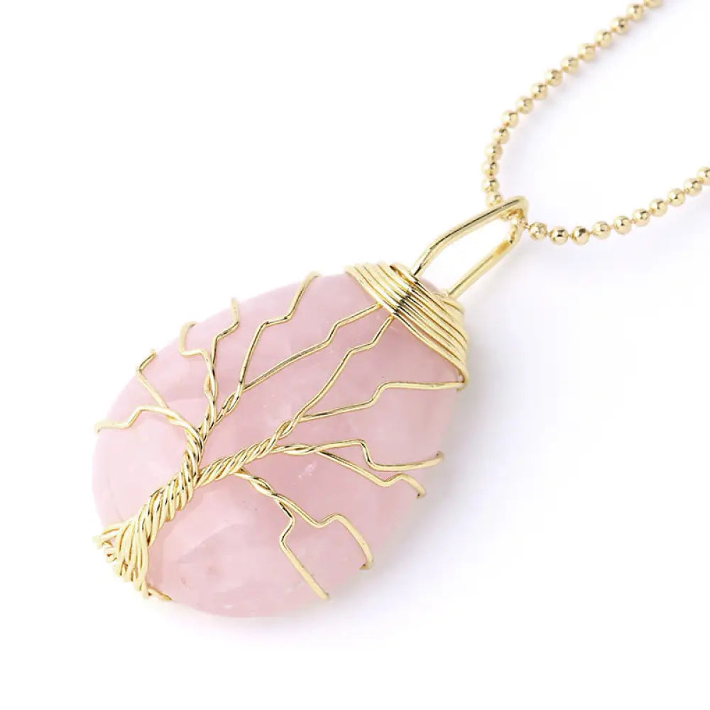 BWOOOH Natural Quartz Crystal Tree of Life Healing Energy Necklace Pendant featuring Amethyst, Green Aventurine, Pink Crystal, and other genuine gemstones, symbolizing unity and spiritual growth on a durable chain. - View 30