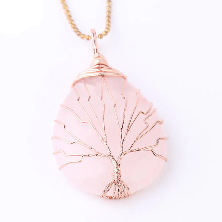 BWOOOH Natural Quartz Crystal Tree of Life Healing Energy Necklace Pendant featuring Amethyst, Green Aventurine, Pink Crystal, and other genuine gemstones, symbolizing unity and spiritual growth on a durable chain. - View 10