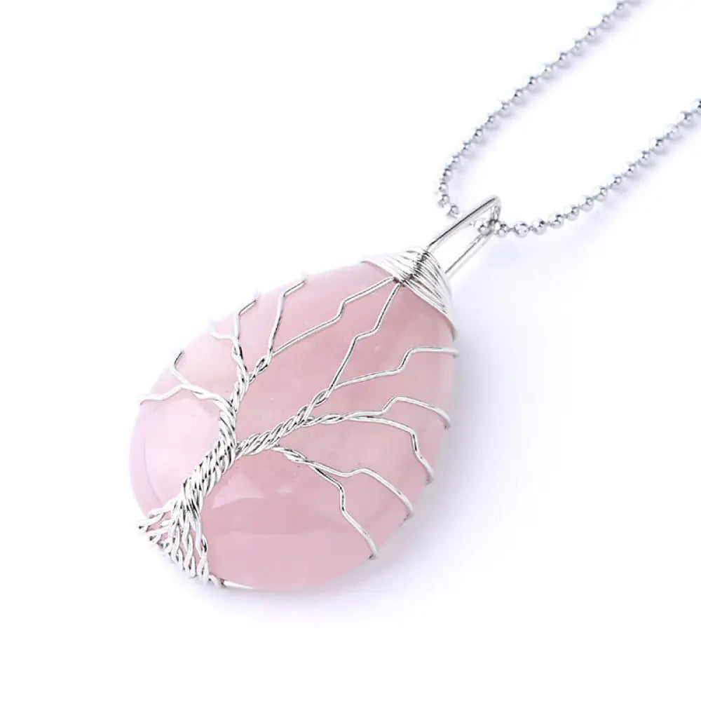 BWOOOH Natural Quartz Crystal Tree of Life Healing Energy Necklace Pendant featuring Amethyst, Green Aventurine, Pink Crystal, and other genuine gemstones, symbolizing unity and spiritual growth on a durable chain. - View 39