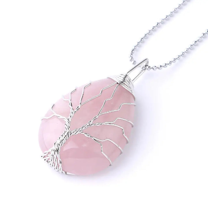 BWOOOH Natural Quartz Crystal Tree of Life Healing Energy Necklace Pendant featuring Amethyst, Green Aventurine, Pink Crystal, and other genuine gemstones, symbolizing unity and spiritual growth on a durable chain. - View 39
