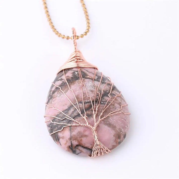 BWOOOH Natural Quartz Crystal Tree of Life Healing Energy Necklace Pendant featuring Amethyst, Green Aventurine, Pink Crystal, and other genuine gemstones, symbolizing unity and spiritual growth on a durable chain. - View 15
