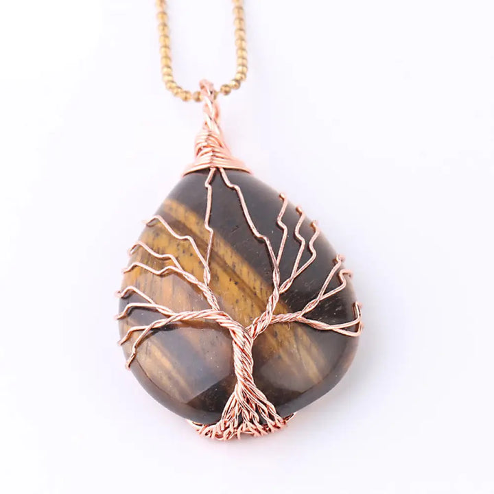 BWOOOH Natural Quartz Crystal Tree of Life Healing Energy Necklace Pendant featuring Amethyst, Green Aventurine, Pink Crystal, and other genuine gemstones, symbolizing unity and spiritual growth on a durable chain. - View 12