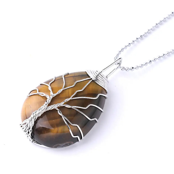 BWOOOH Natural Quartz Crystal Tree of Life Healing Energy Necklace Pendant featuring Amethyst, Green Aventurine, Pink Crystal, and other genuine gemstones, symbolizing unity and spiritual growth on a durable chain. - View 41