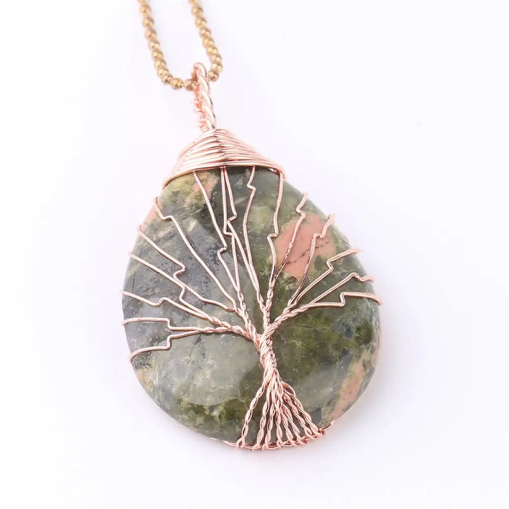 BWOOOH Natural Quartz Crystal Tree of Life Healing Energy Necklace Pendant featuring Amethyst, Green Aventurine, Pink Crystal, and other genuine gemstones, symbolizing unity and spiritual growth on a durable chain. - View 18