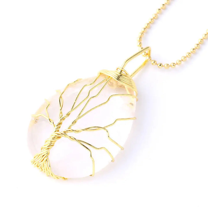 BWOOOH Natural Quartz Crystal Tree of Life Healing Energy Necklace Pendant featuring Amethyst, Green Aventurine, Pink Crystal, and other genuine gemstones, symbolizing unity and spiritual growth on a durable chain. - View 33