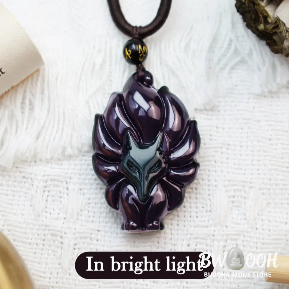 BWOOOH Rainbow &amp; Gold Sheen Obsidian Nine-Tailed Fox pendant. Iridescent colors, handcrafted natural gemstone symbolizing wisdom, protection from negativity, and attracting love for positive transformation. - View 6