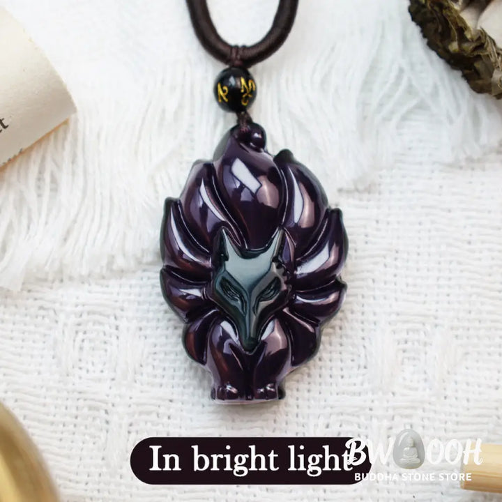 BWOOOH Rainbow &amp; Gold Sheen Obsidian Nine-Tailed Fox pendant. Iridescent colors, handcrafted natural gemstone symbolizing wisdom, protection from negativity, and attracting love for positive transformation. - View 6
