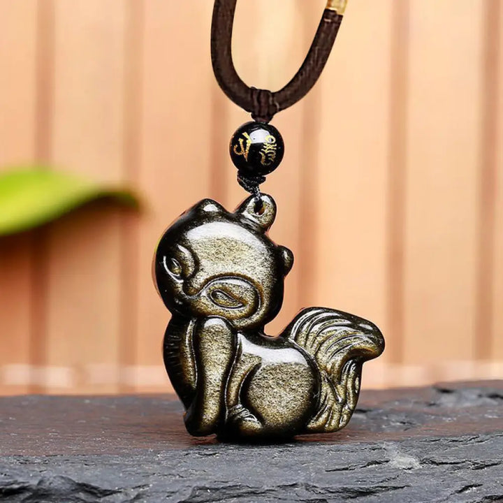 BWOOOH Rainbow &amp; Gold Sheen Obsidian Nine-Tailed Fox pendant. Iridescent colors, handcrafted natural gemstone symbolizing wisdom, protection from negativity, and attracting love for positive transformation. - View 14