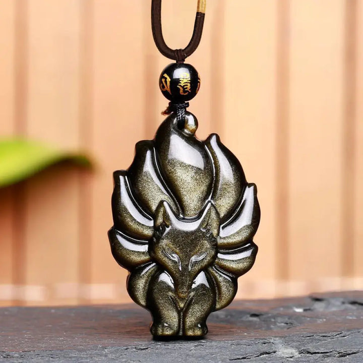 BWOOOH Rainbow &amp; Gold Sheen Obsidian Nine-Tailed Fox pendant. Iridescent colors, handcrafted natural gemstone symbolizing wisdom, protection from negativity, and attracting love for positive transformation. - View 8