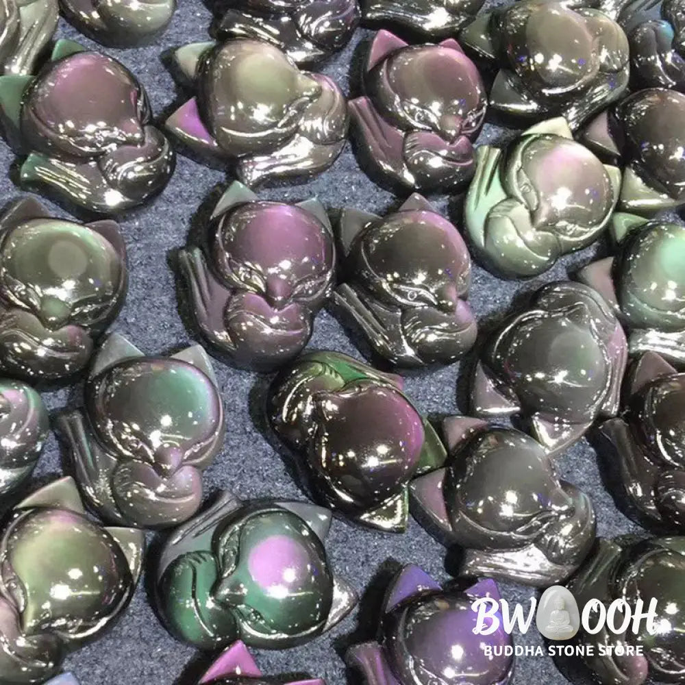 BWOOOH Rainbow &amp; Gold Sheen Obsidian Nine-Tailed Fox pendant. Iridescent colors, handcrafted natural gemstone symbolizing wisdom, protection from negativity, and attracting love for positive transformation. - View 15