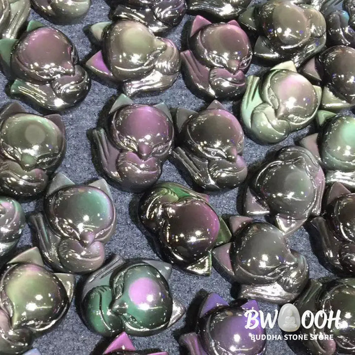 BWOOOH Rainbow &amp; Gold Sheen Obsidian Nine-Tailed Fox pendant. Iridescent colors, handcrafted natural gemstone symbolizing wisdom, protection from negativity, and attracting love for positive transformation. - View 15