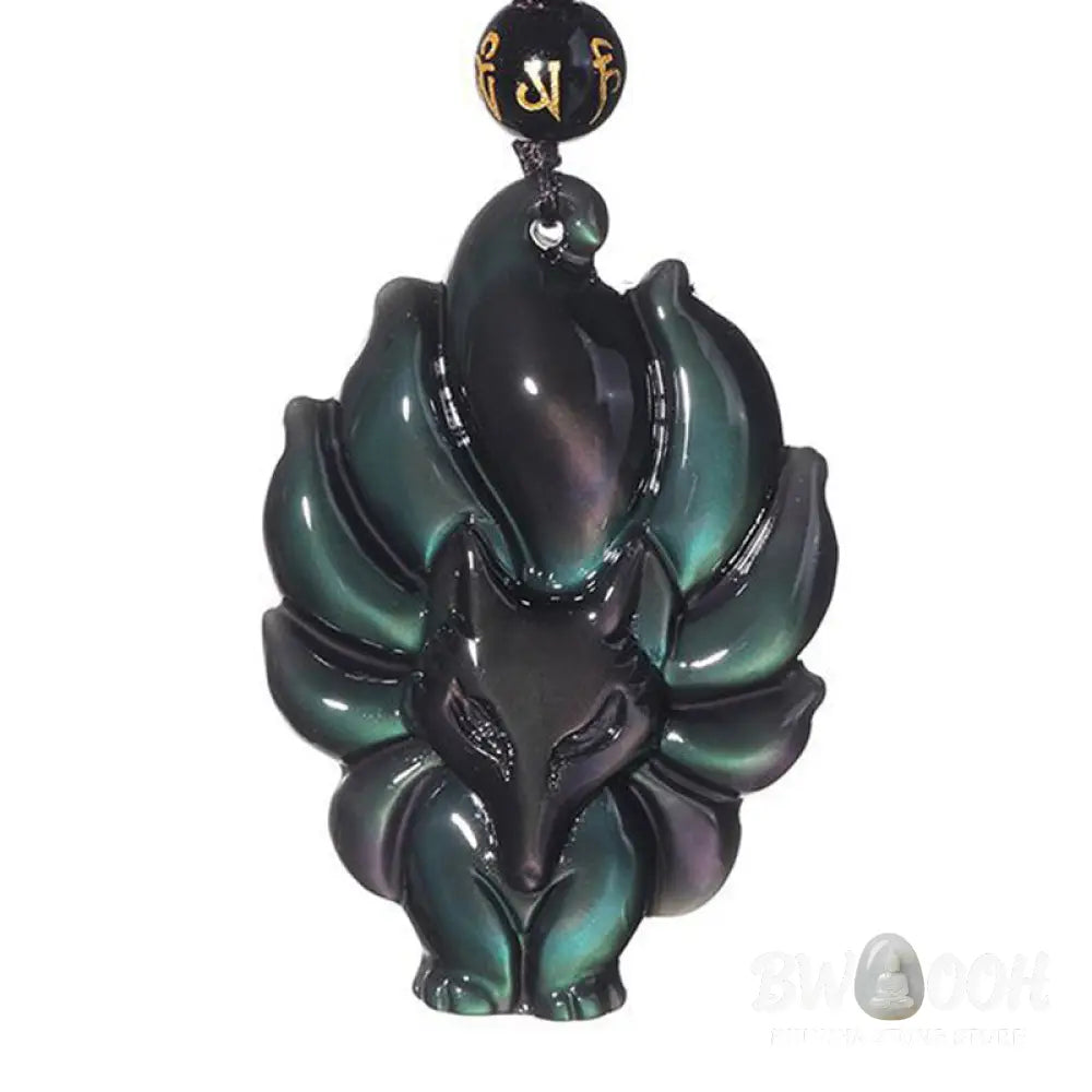 BWOOOH Rainbow &amp; Gold Sheen Obsidian Nine-Tailed Fox pendant. Iridescent colors, handcrafted natural gemstone symbolizing wisdom, protection from negativity, and attracting love for positive transformation. - View 3
