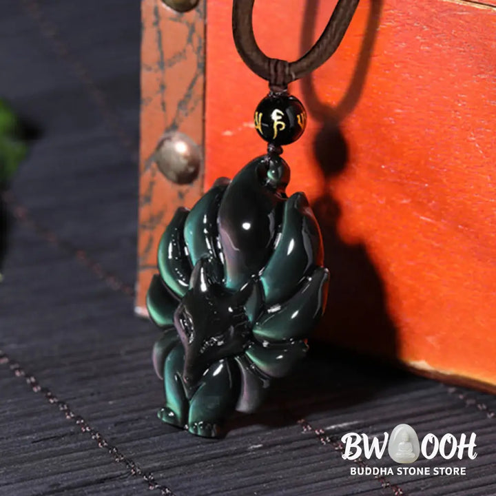 BWOOOH Rainbow &amp; Gold Sheen Obsidian Nine-Tailed Fox pendant. Iridescent colors, handcrafted natural gemstone symbolizing wisdom, protection from negativity, and attracting love for positive transformation. - View 2
