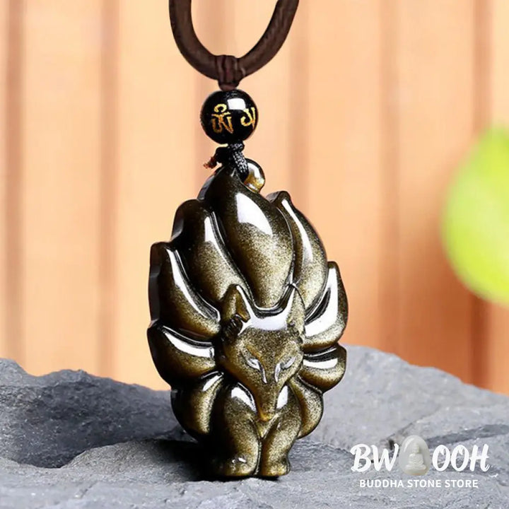 BWOOOH Rainbow &amp; Gold Sheen Obsidian Nine-Tailed Fox pendant. Iridescent colors, handcrafted natural gemstone symbolizing wisdom, protection from negativity, and attracting love for positive transformation. - View 9