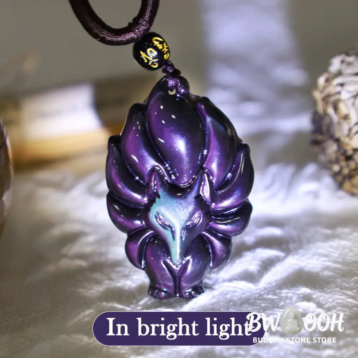 BWOOOH Rainbow &amp; Gold Sheen Obsidian Nine-Tailed Fox pendant. Iridescent colors, handcrafted natural gemstone symbolizing wisdom, protection from negativity, and attracting love for positive transformation. - View 7