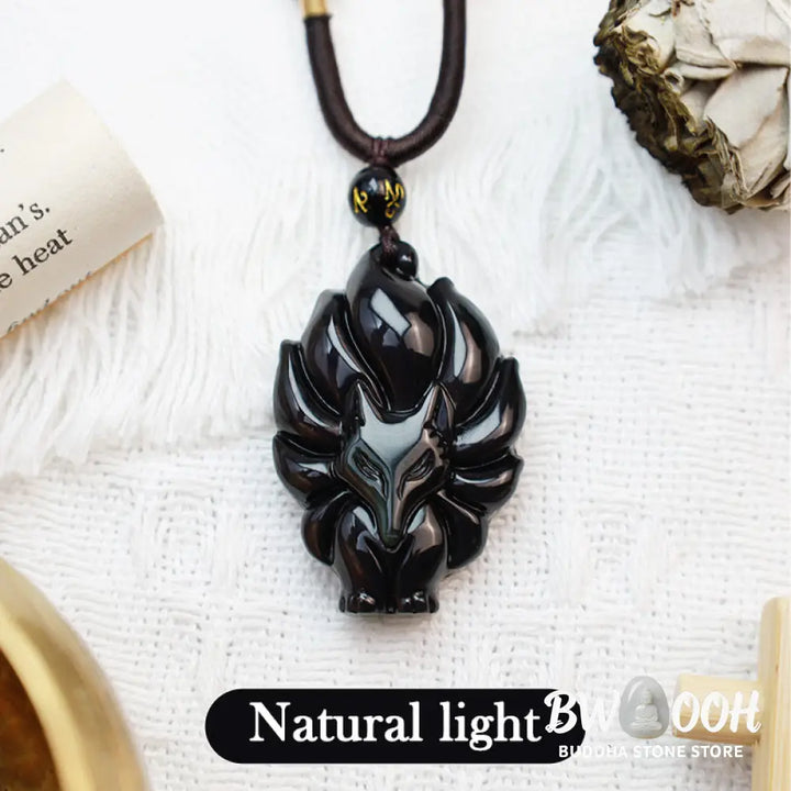 BWOOOH Rainbow &amp; Gold Sheen Obsidian Nine-Tailed Fox pendant. Iridescent colors, handcrafted natural gemstone symbolizing wisdom, protection from negativity, and attracting love for positive transformation. - View 5