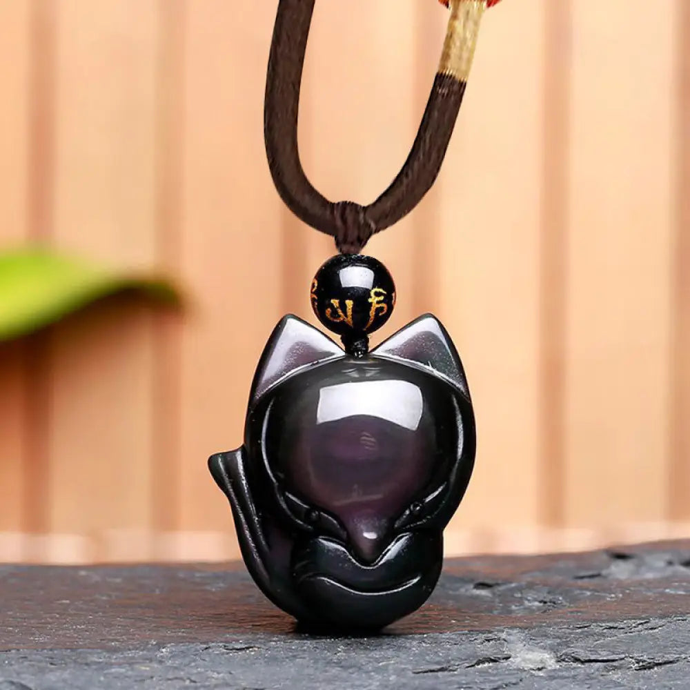 BWOOOH Rainbow &amp; Gold Sheen Obsidian Nine-Tailed Fox pendant. Iridescent colors, handcrafted natural gemstone symbolizing wisdom, protection from negativity, and attracting love for positive transformation. - View 12
