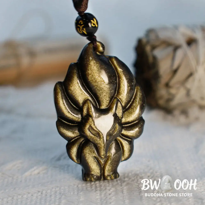 BWOOOH Rainbow &amp; Gold Sheen Obsidian Nine-Tailed Fox pendant. Iridescent colors, handcrafted natural gemstone symbolizing wisdom, protection from negativity, and attracting love for positive transformation. - View 10
