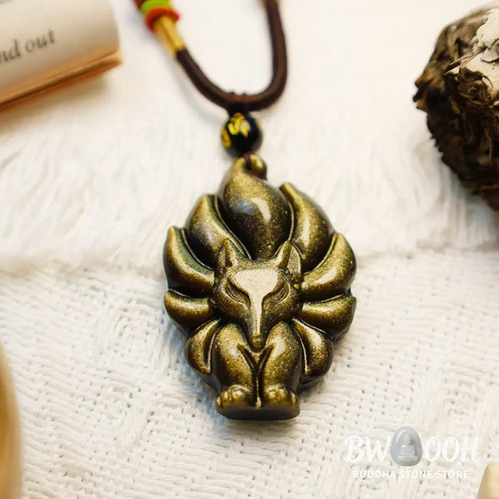 BWOOOH Rainbow &amp; Gold Sheen Obsidian Nine-Tailed Fox pendant. Iridescent colors, handcrafted natural gemstone symbolizing wisdom, protection from negativity, and attracting love for positive transformation. - View 11