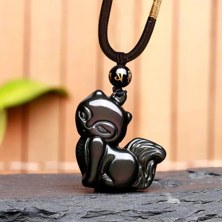 BWOOOH Rainbow &amp; Gold Sheen Obsidian Nine-Tailed Fox pendant. Iridescent colors, handcrafted natural gemstone symbolizing wisdom, protection from negativity, and attracting love for positive transformation. - View 13