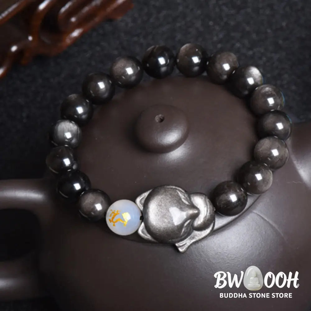 Buddha Stones Natural Rainbow Obsidian Gold Sheen Obsidian Silver Sheen Obsidian Fox Healing Bracelet - BWOOOH