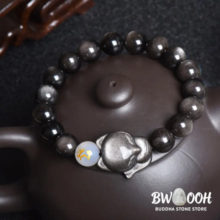 Buddha Stones Natural Rainbow Obsidian Gold Sheen Obsidian Silver Sheen Obsidian Fox Healing Bracelet - BWOOOH