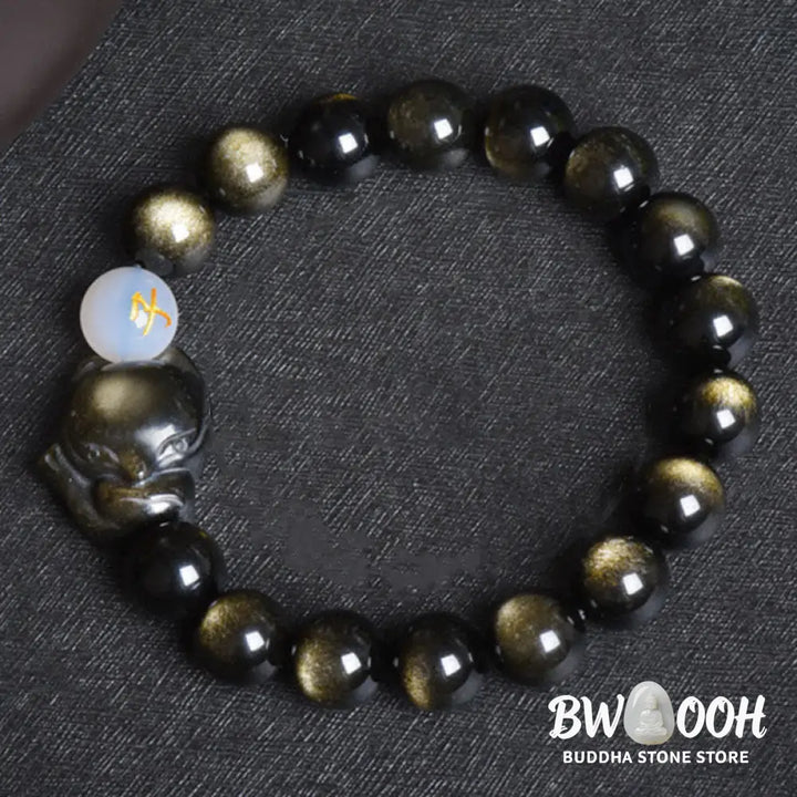 Buddha Stones Natural Rainbow Obsidian Gold Sheen Obsidian Silver Sheen Obsidian Fox Healing Bracelet - BWOOOH