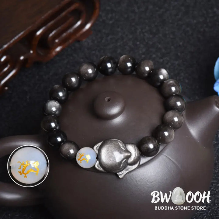 Buddha Stones Natural Rainbow Obsidian Gold Sheen Obsidian Silver Sheen Obsidian Fox Healing Bracelet - BWOOOH