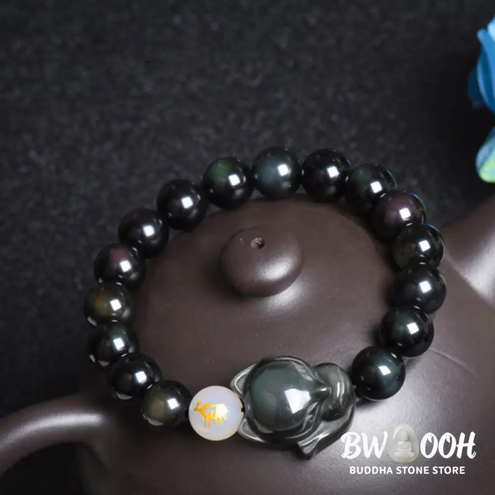 Buddha Stones Natural Rainbow Obsidian Gold Sheen Obsidian Silver Sheen Obsidian Fox Healing Bracelet - BWOOOH