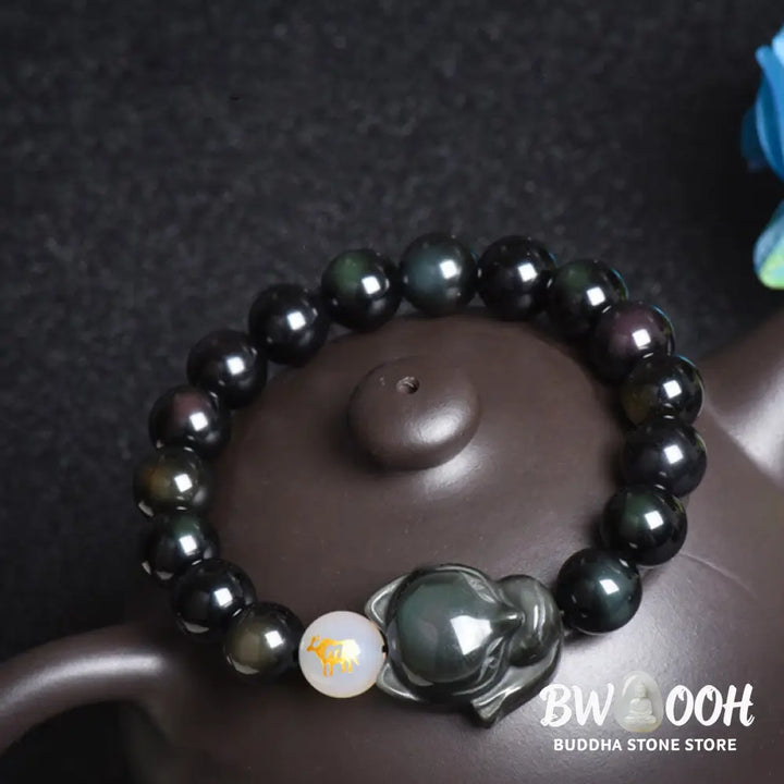 Buddha Stones Natural Rainbow Obsidian Gold Sheen Obsidian Silver Sheen Obsidian Fox Healing Bracelet - BWOOOH