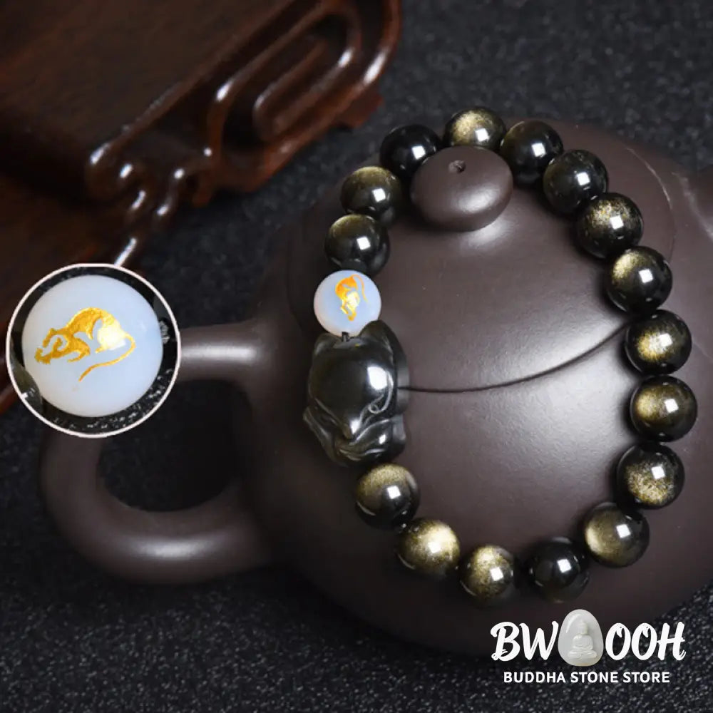 Buddha Stones Natural Rainbow Obsidian Gold Sheen Obsidian Silver Sheen Obsidian Fox Healing Bracelet - BWOOOH