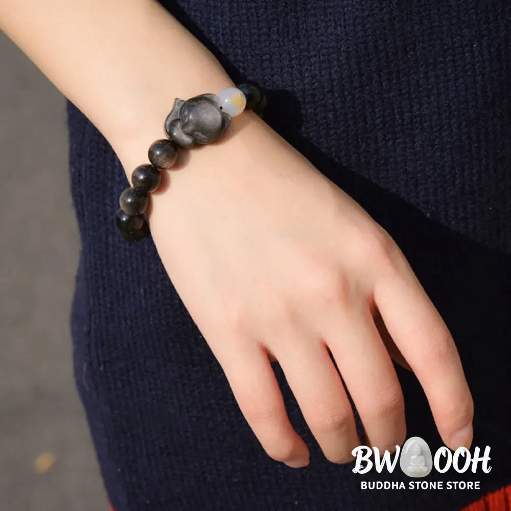 Buddha Stones Natural Rainbow Obsidian Gold Sheen Obsidian Silver Sheen Obsidian Fox Healing Bracelet - BWOOOH