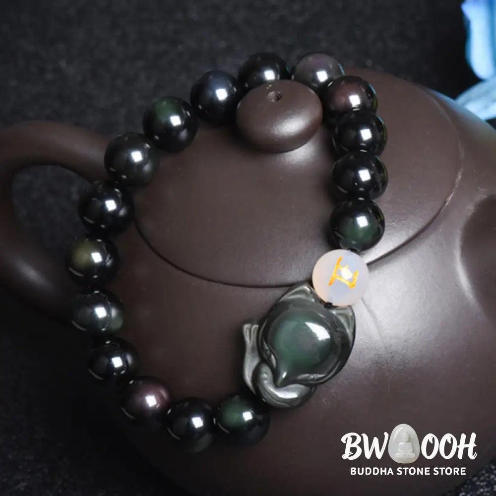 Buddha Stones Natural Rainbow Obsidian Gold Sheen Obsidian Silver Sheen Obsidian Fox Healing Bracelet - BWOOOH