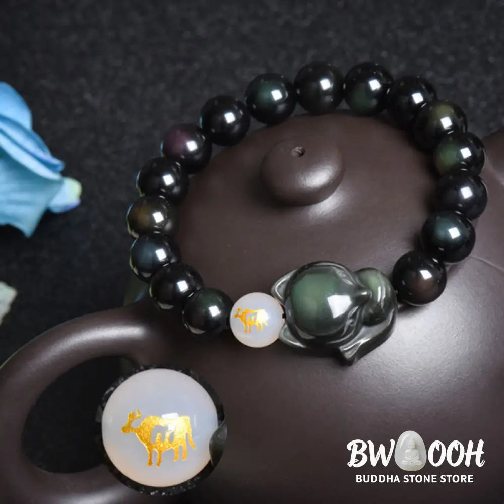 Buddha Stones Natural Rainbow Obsidian Gold Sheen Obsidian Silver Sheen Obsidian Fox Healing Bracelet - BWOOOH