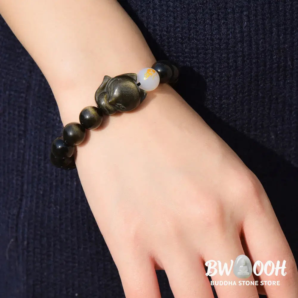 Buddha Stones Natural Rainbow Obsidian Gold Sheen Obsidian Silver Sheen Obsidian Fox Healing Bracelet - BWOOOH