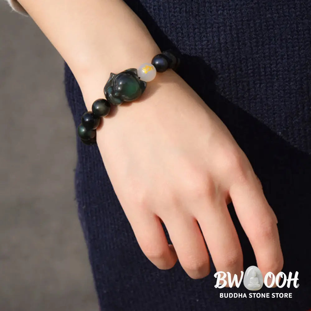 Buddha Stones Natural Rainbow Obsidian Gold Sheen Obsidian Silver Sheen Obsidian Fox Healing Bracelet - BWOOOH