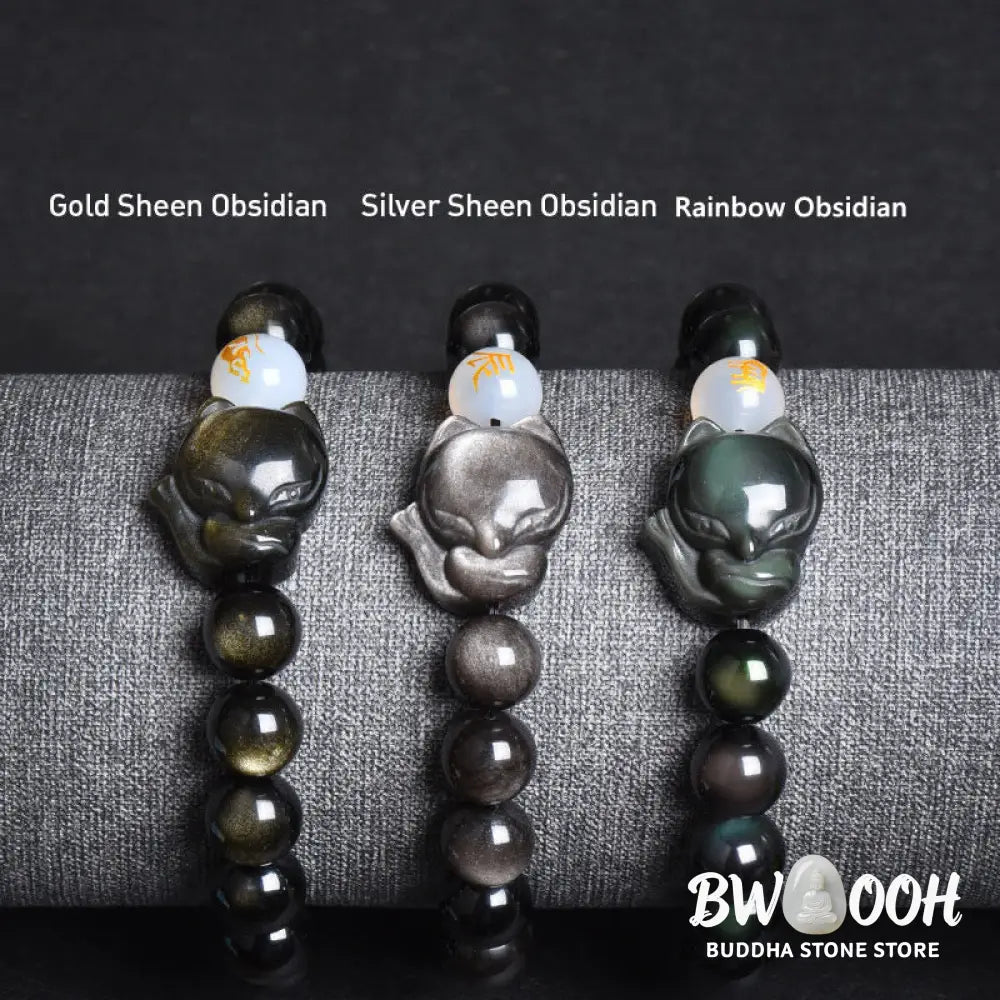 Buddha Stones Natural Rainbow Obsidian Gold Sheen Obsidian Silver Sheen Obsidian Fox Healing Bracelet - BWOOOH