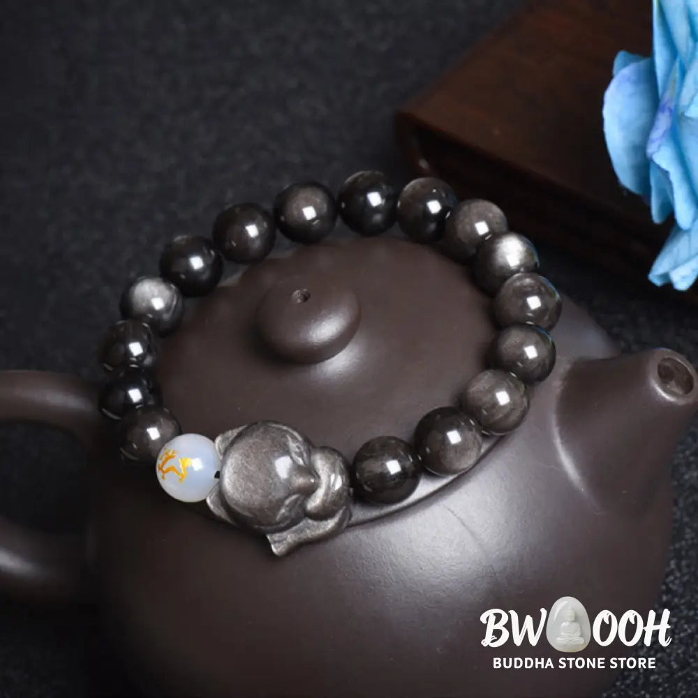 Buddha Stones Natural Rainbow Obsidian Gold Sheen Obsidian Silver Sheen Obsidian Fox Healing Bracelet - BWOOOH